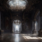 Opulent Grand Hall with Towering Columns and Chandelier