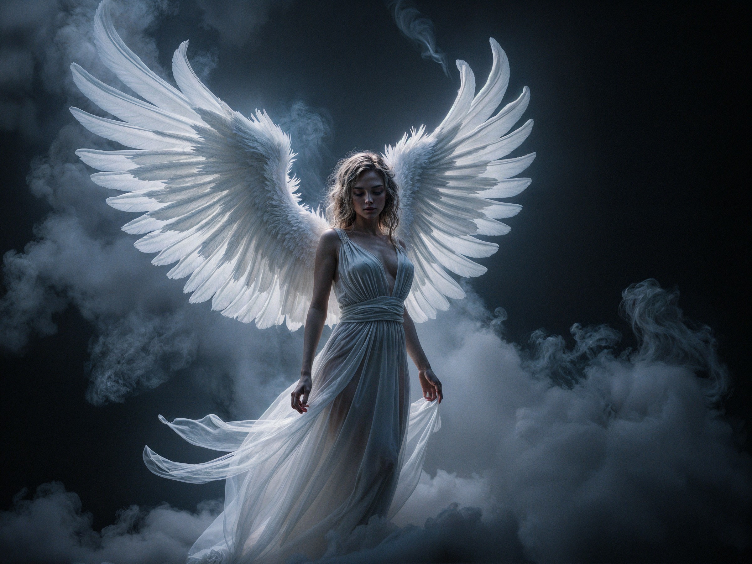 Majestic figure with luminous wings in ethereal setting