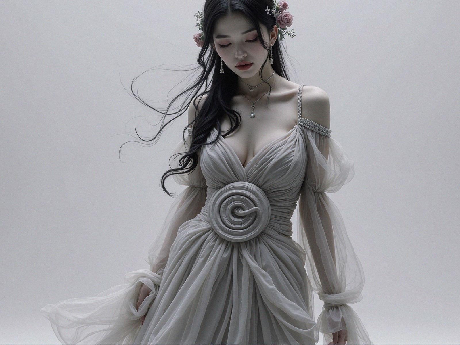 Gray Sheer Gown with Off-Shoulder Sleeves and Rosette