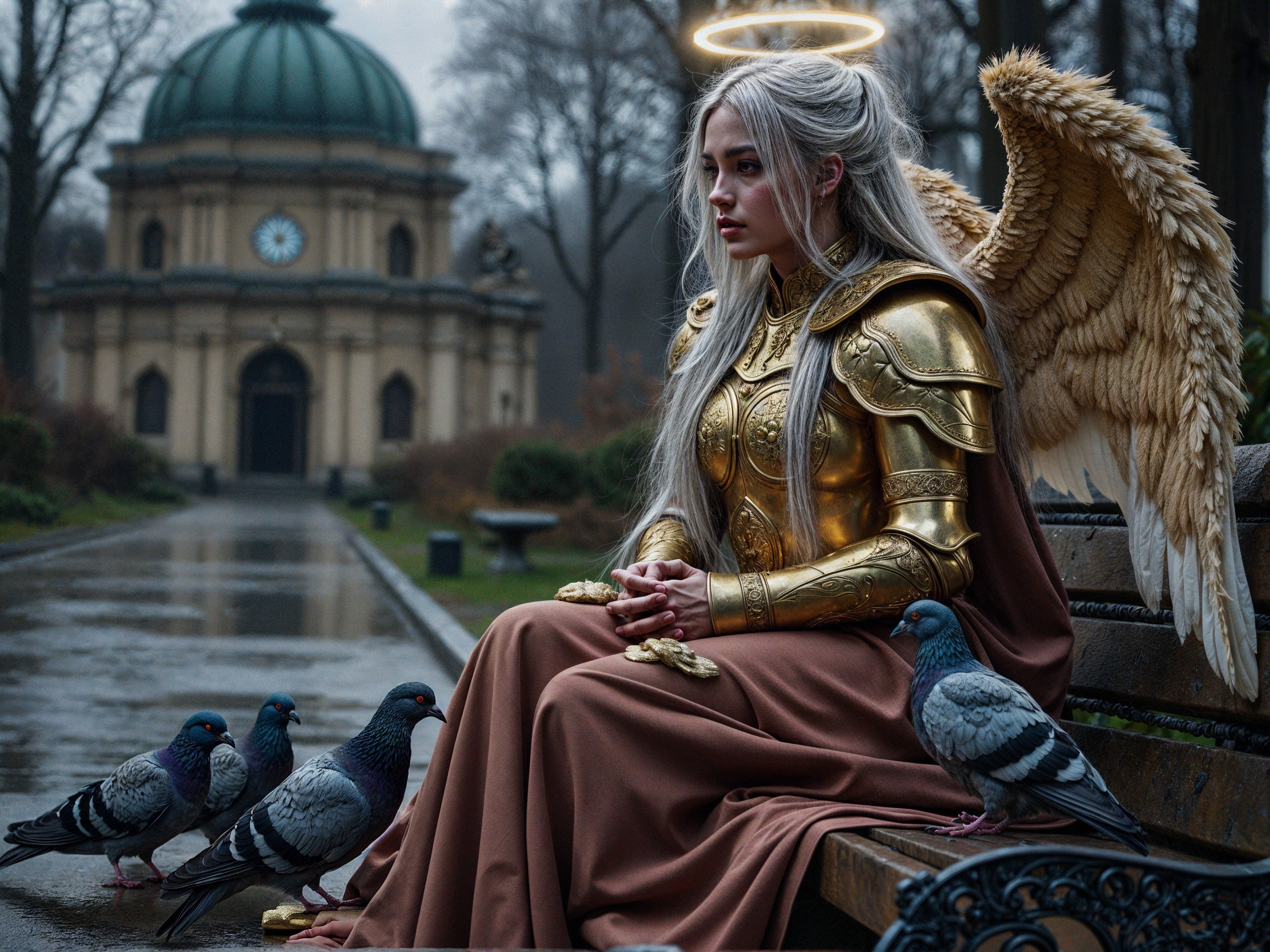 Serene figure in golden armor with feathered wings