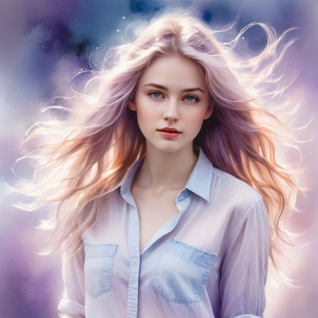 Serene Young Woman in Ethereal Light and Pastel Colors