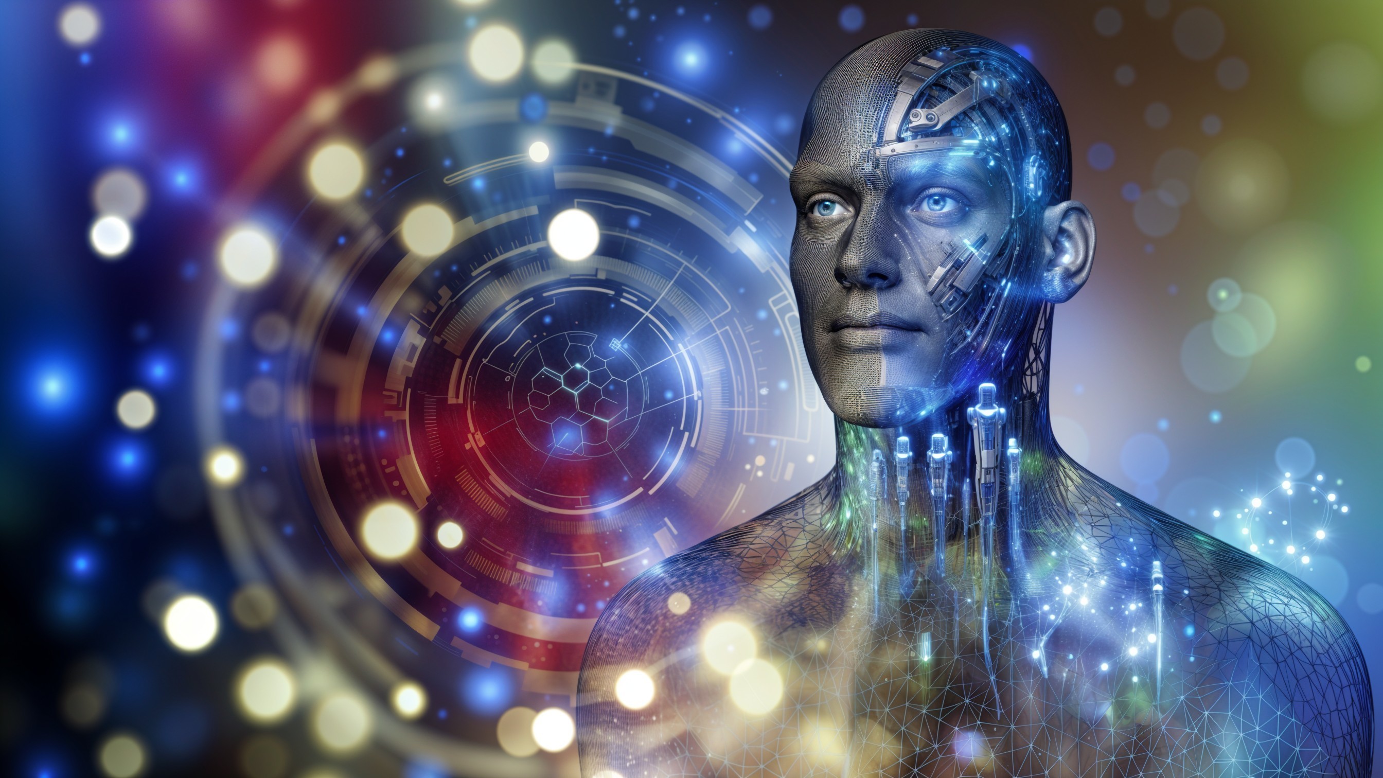 Futuristic humanoid figure with robotic features and circuitry