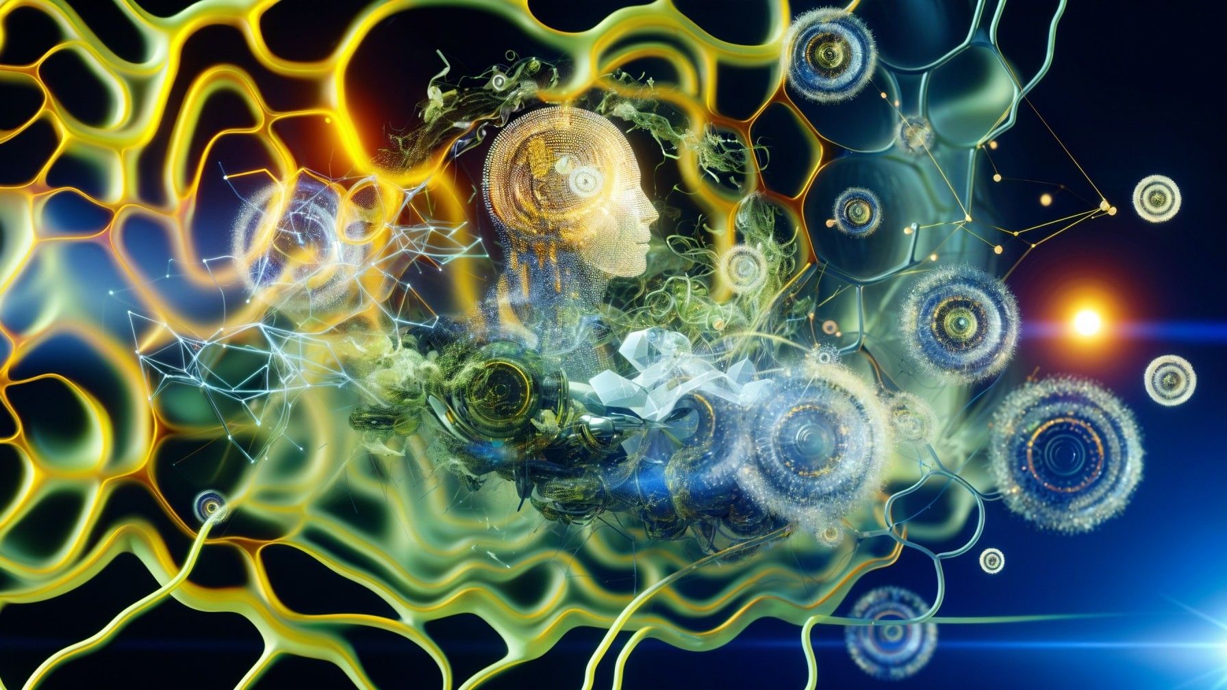 Surreal Digital Landscape with Human Head and Abstract Forms