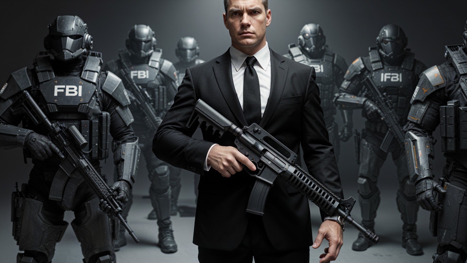 Man in Black Suit with Armed Figures in Dark Setting