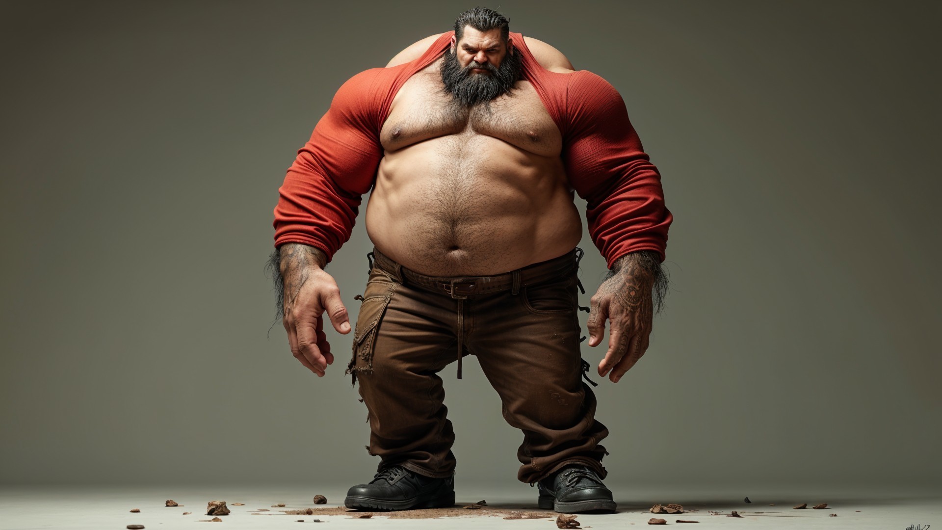 Muscular Man in Red Shirt on Light Surface