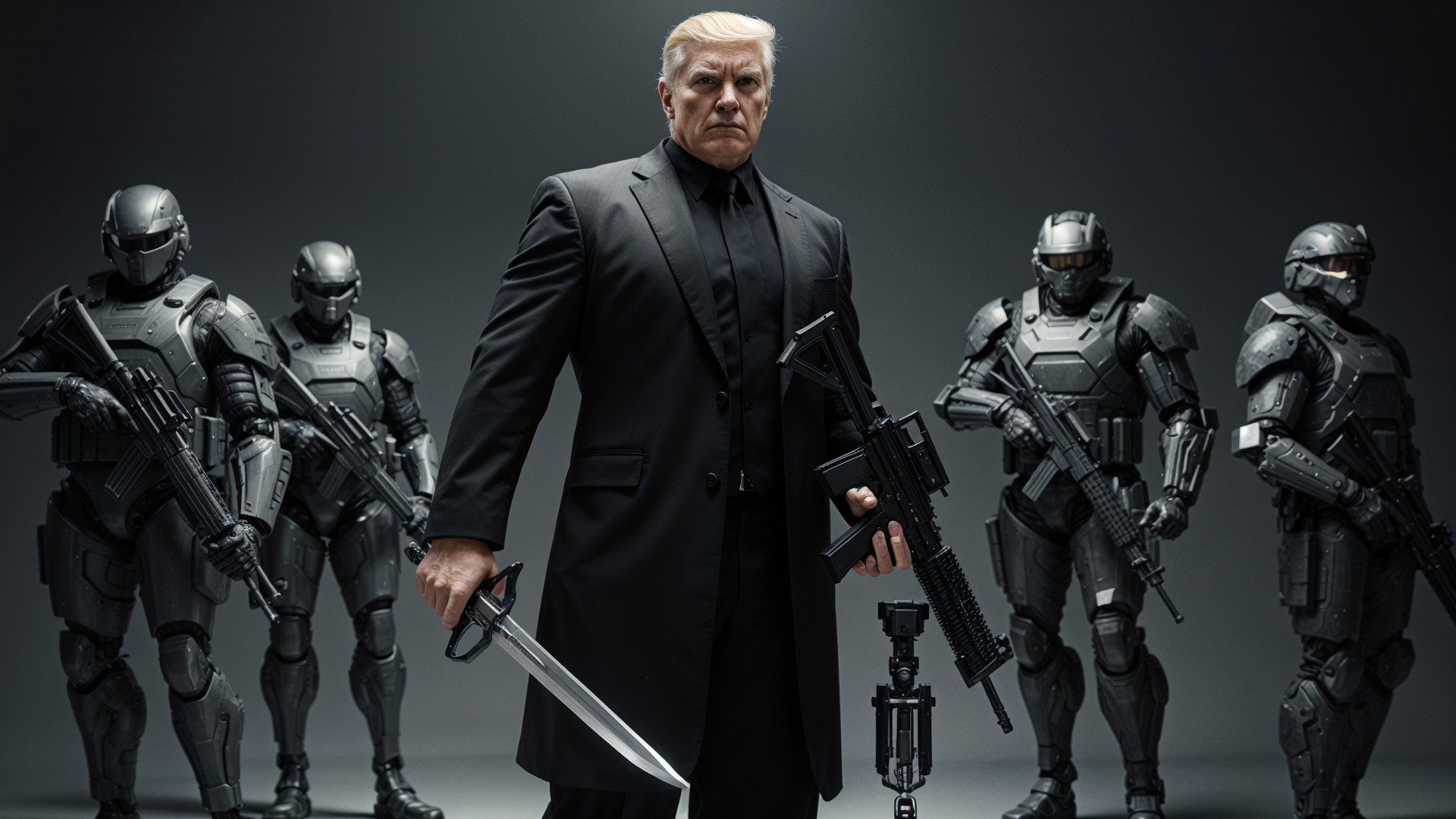 Futuristic Commander with Soldiers in Dark Setting