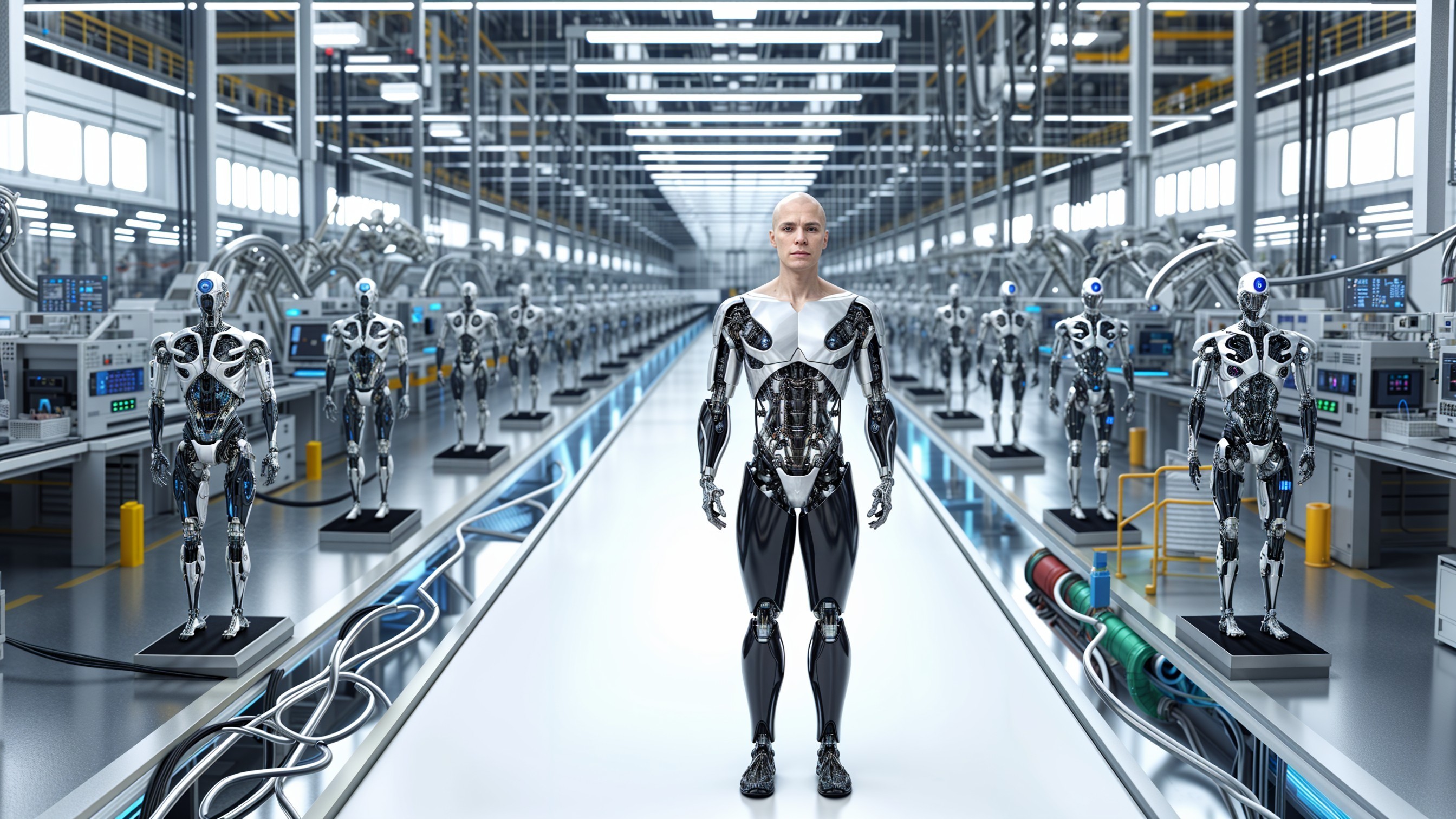 Futuristic Manufacturing Facility with Humanoid Robots