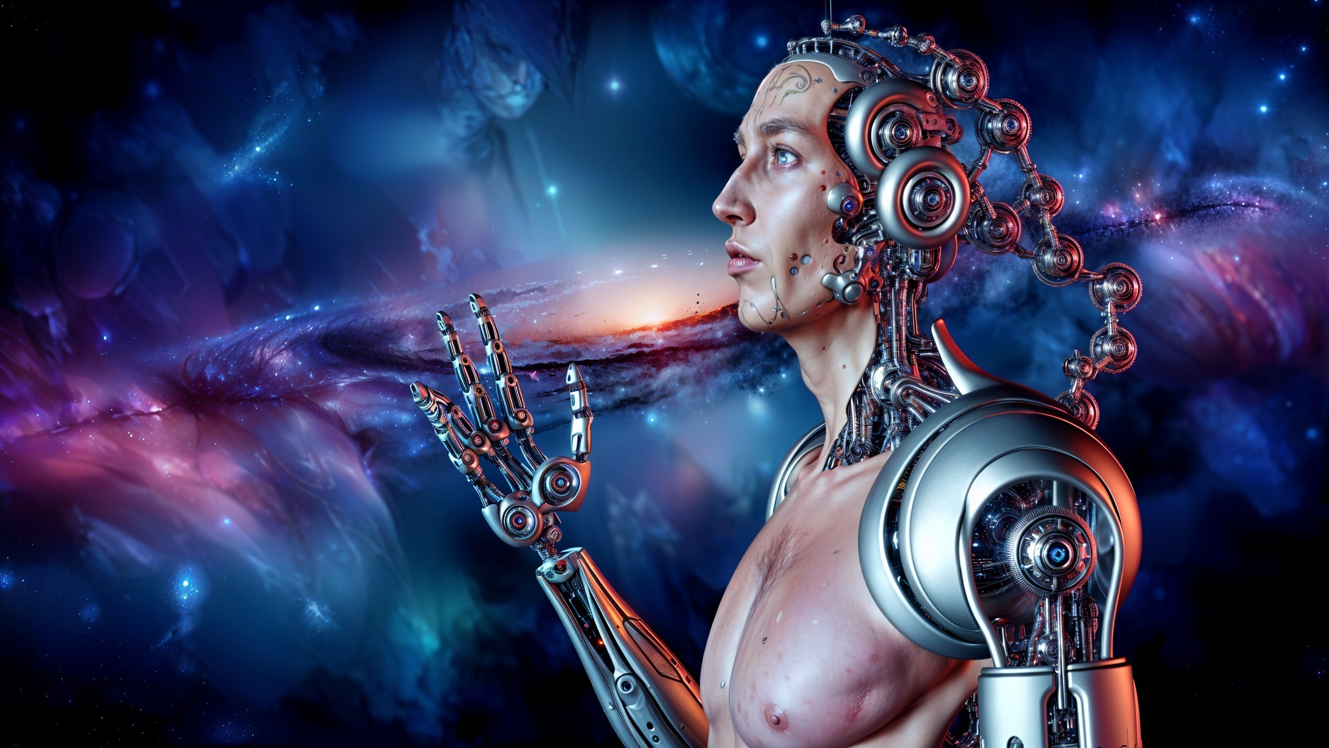 Futuristic humanoid robot gazing at a swirling galaxy