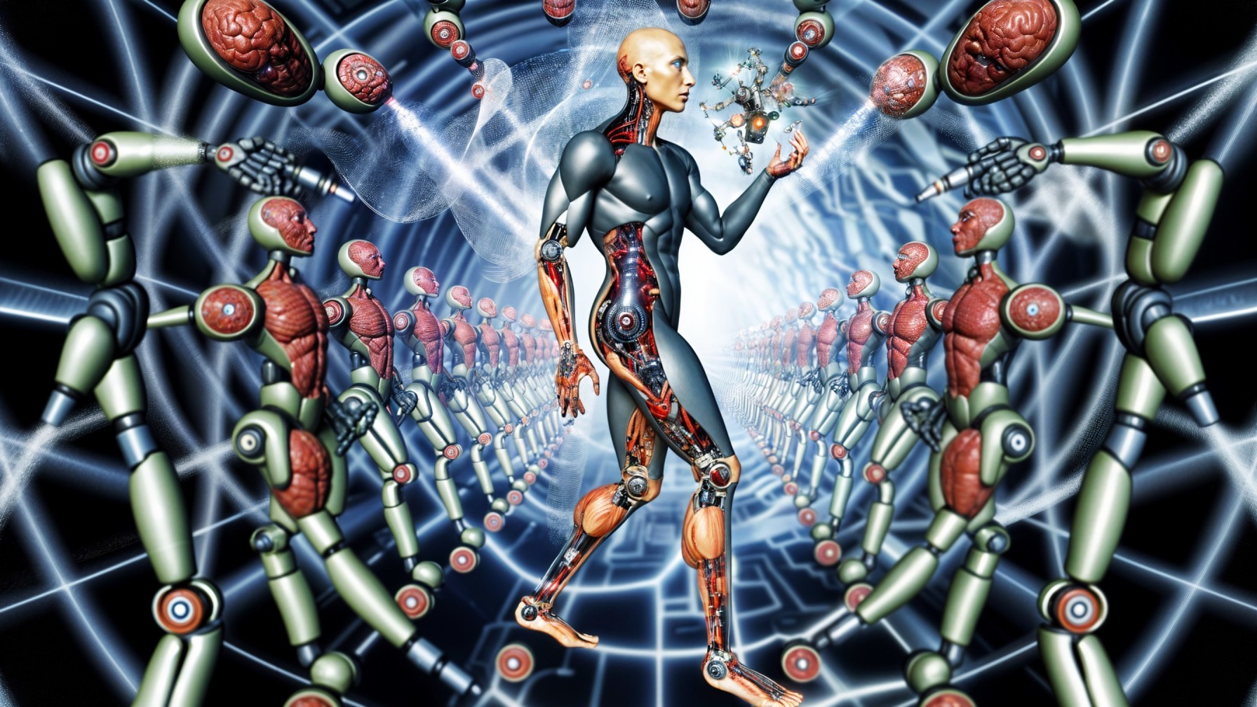 Futuristic humanoid figure in robotic tunnel scene
