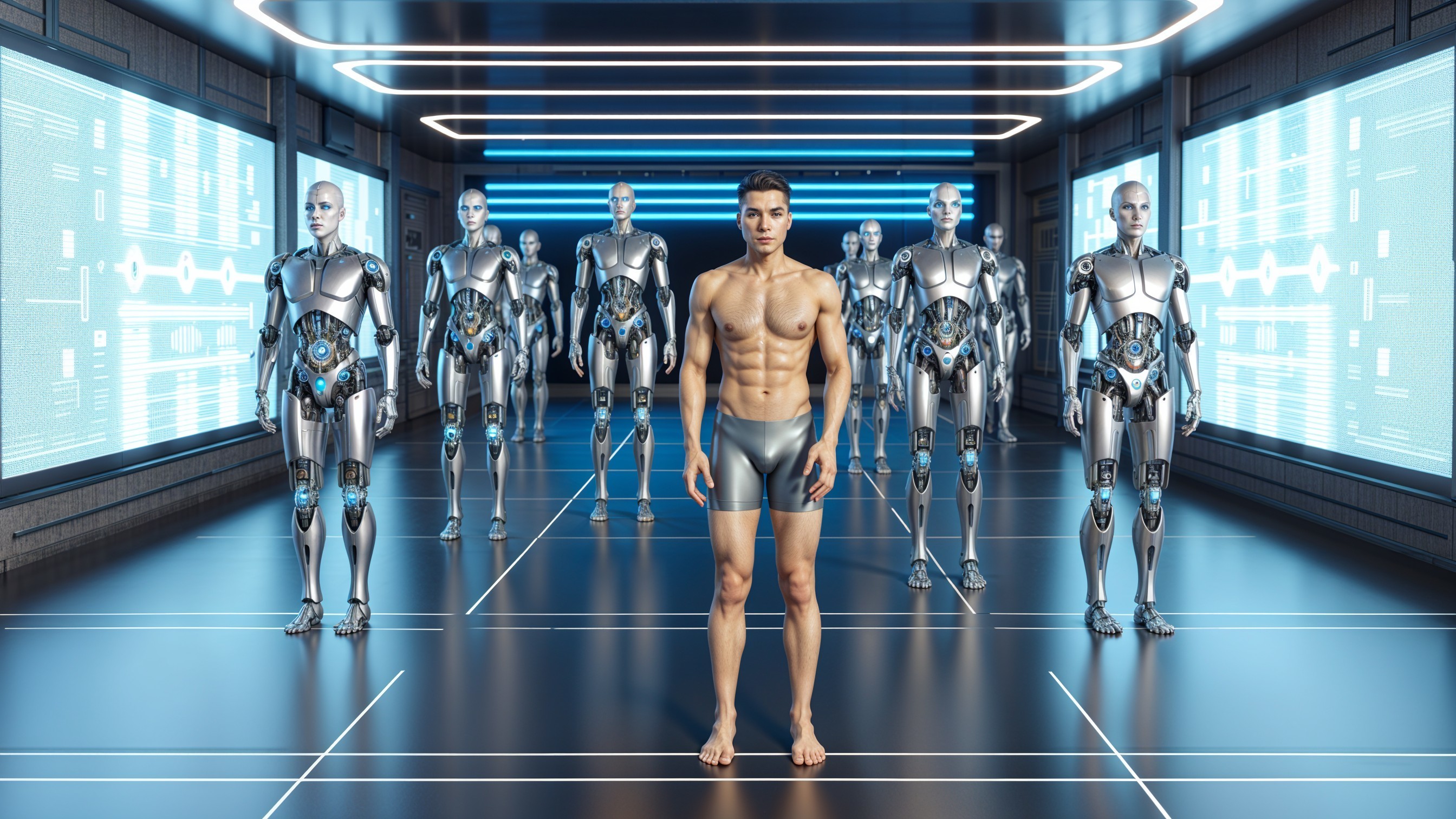 Futuristic Corridor with Human and Humanoid Robots