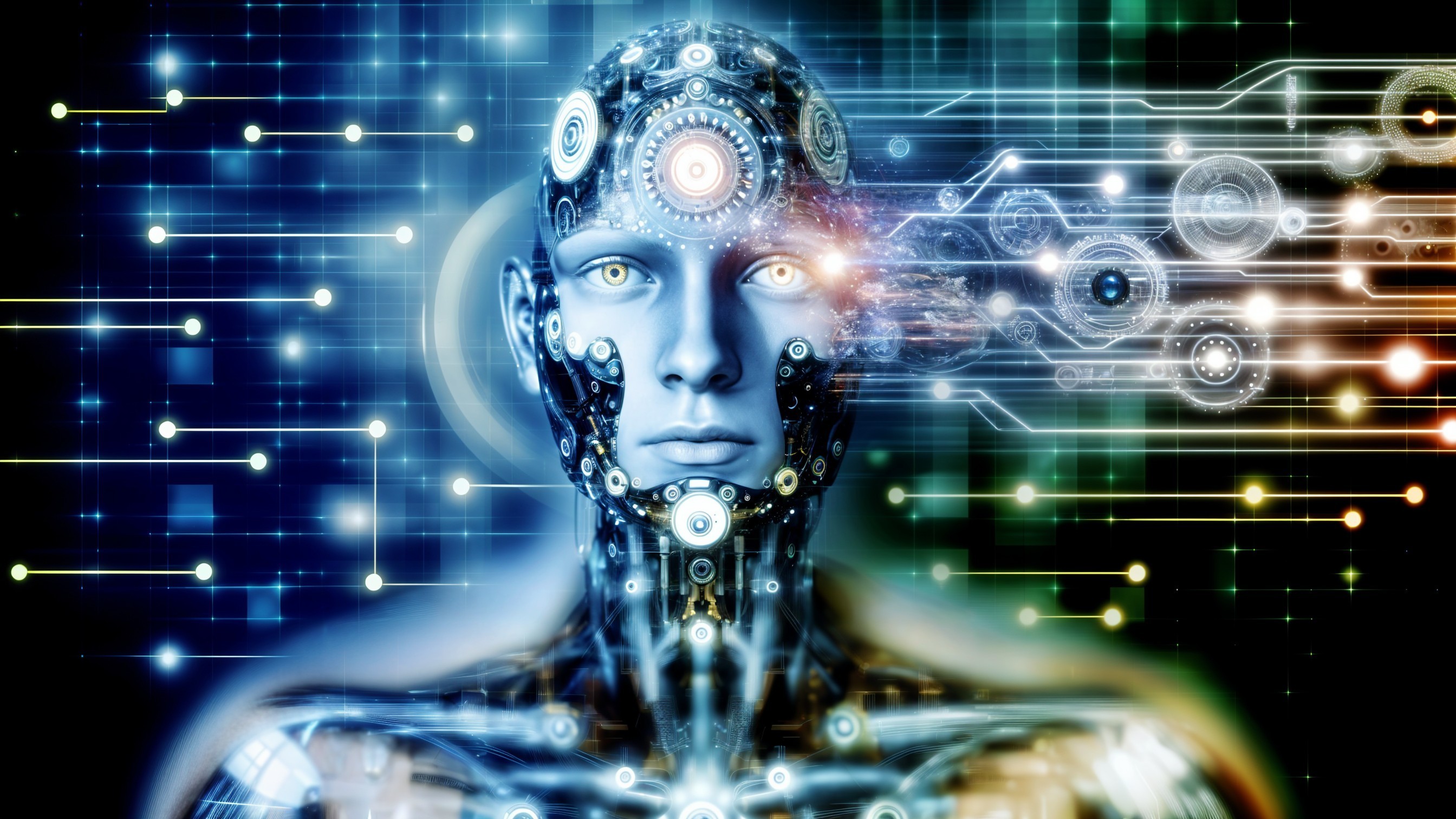 Futuristic humanoid robot head with glowing circuits