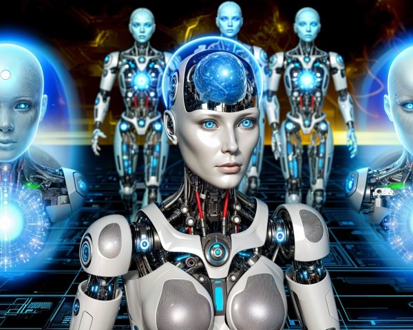 Futuristic Scene with Humanoid Robot and Advanced Technology