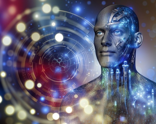 Futuristic humanoid figure with robotic features and circuitry