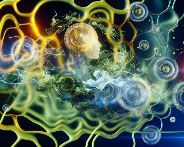 Surreal Digital Landscape with Human Head and Abstract Forms