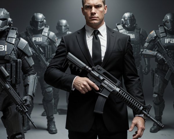 Man in Black Suit with Armed Figures in Dark Setting