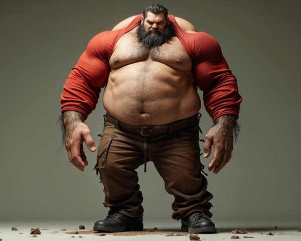 Muscular Man in Red Shirt on Light Surface