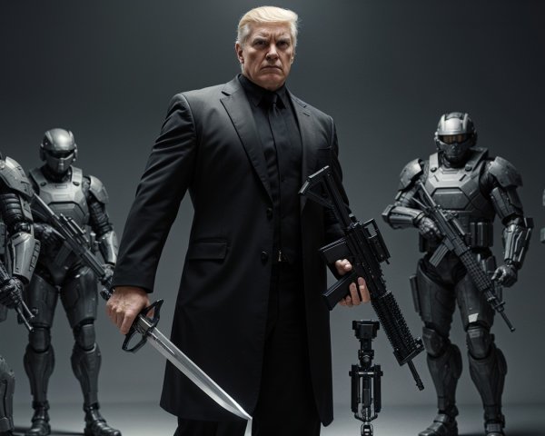 Futuristic Commander with Soldiers in Dark Setting
