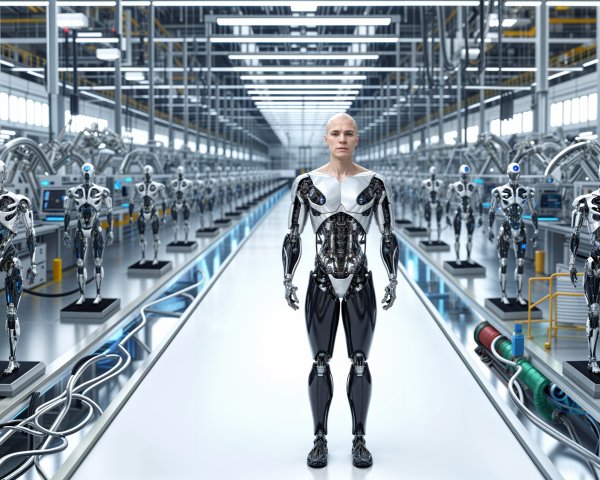 Futuristic Manufacturing Facility with Humanoid Robots