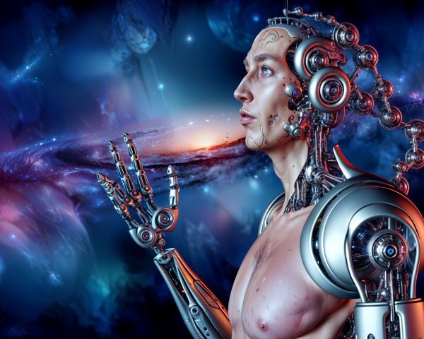 Futuristic humanoid robot gazing at a swirling galaxy