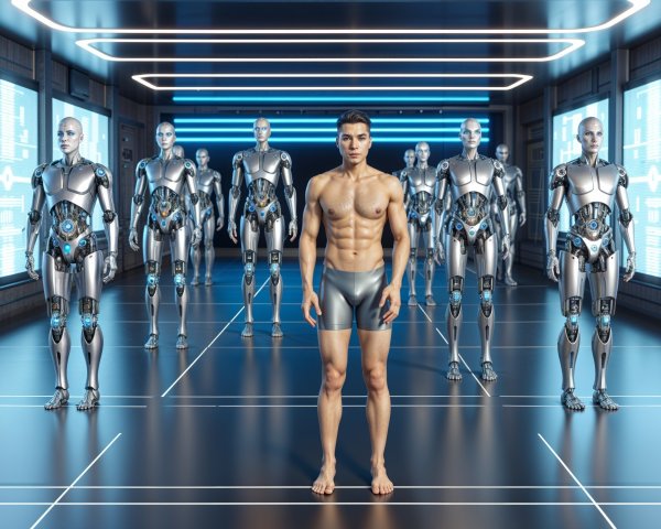 Futuristic Corridor with Human and Humanoid Robots