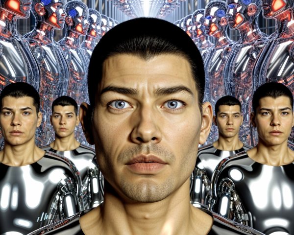 Futuristic Scene with Human and Robotic Humanoids