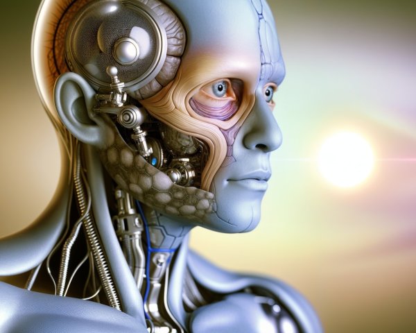 Stylized humanoid head with robotic and human features