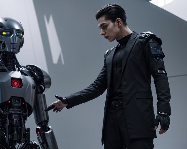 Humanoid Robot and Man in Futuristic Setting