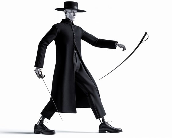 Humanoid Figure in Dark Coat with Sword and Pistol