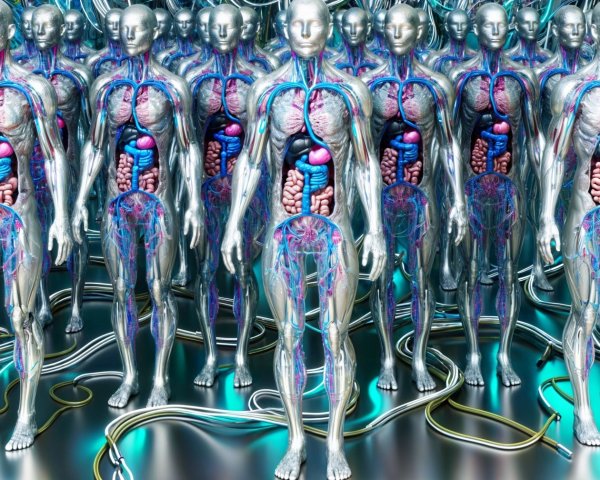Metallic Human Figures in Futuristic Matrix Formation