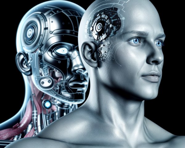 Futuristic Humanoid Figure with Robotic Model Display