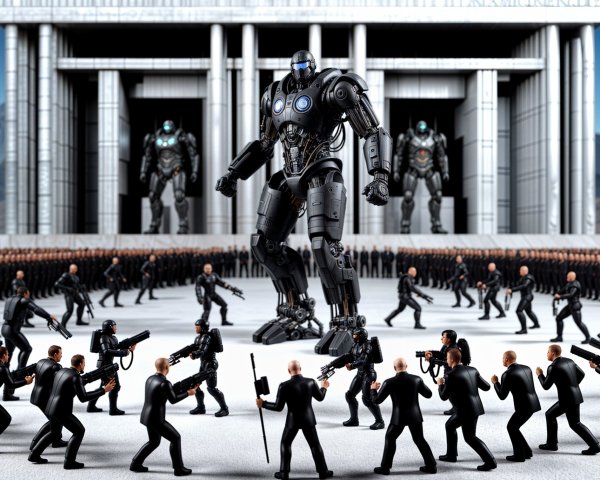 Colossal Robot Standoff in Futuristic Landscape
