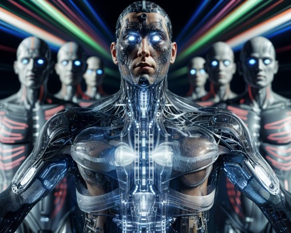 Futuristic Scene with Humanoid Robots and Light Beams