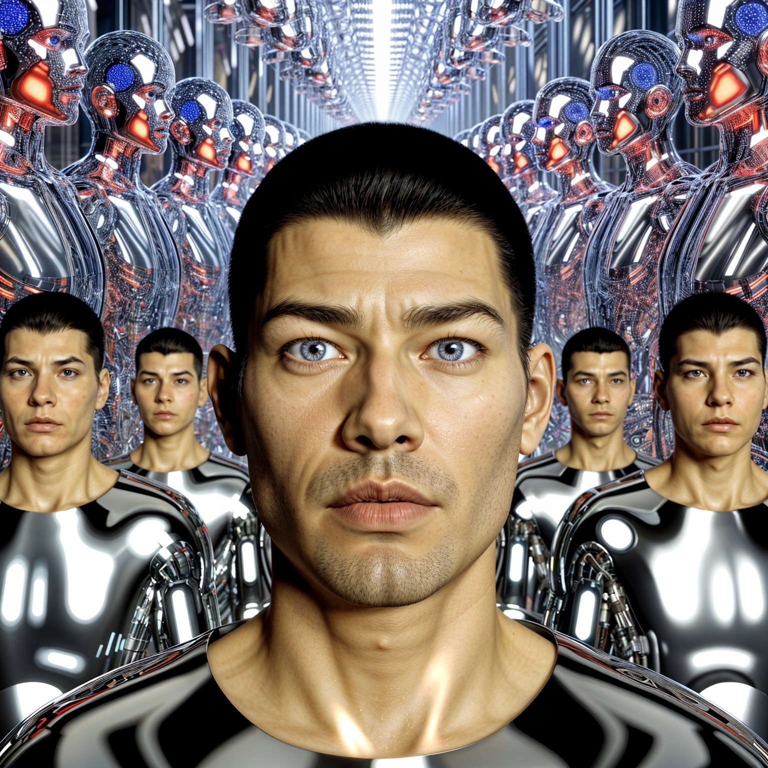 Futuristic Scene with Human and Robotic Humanoids