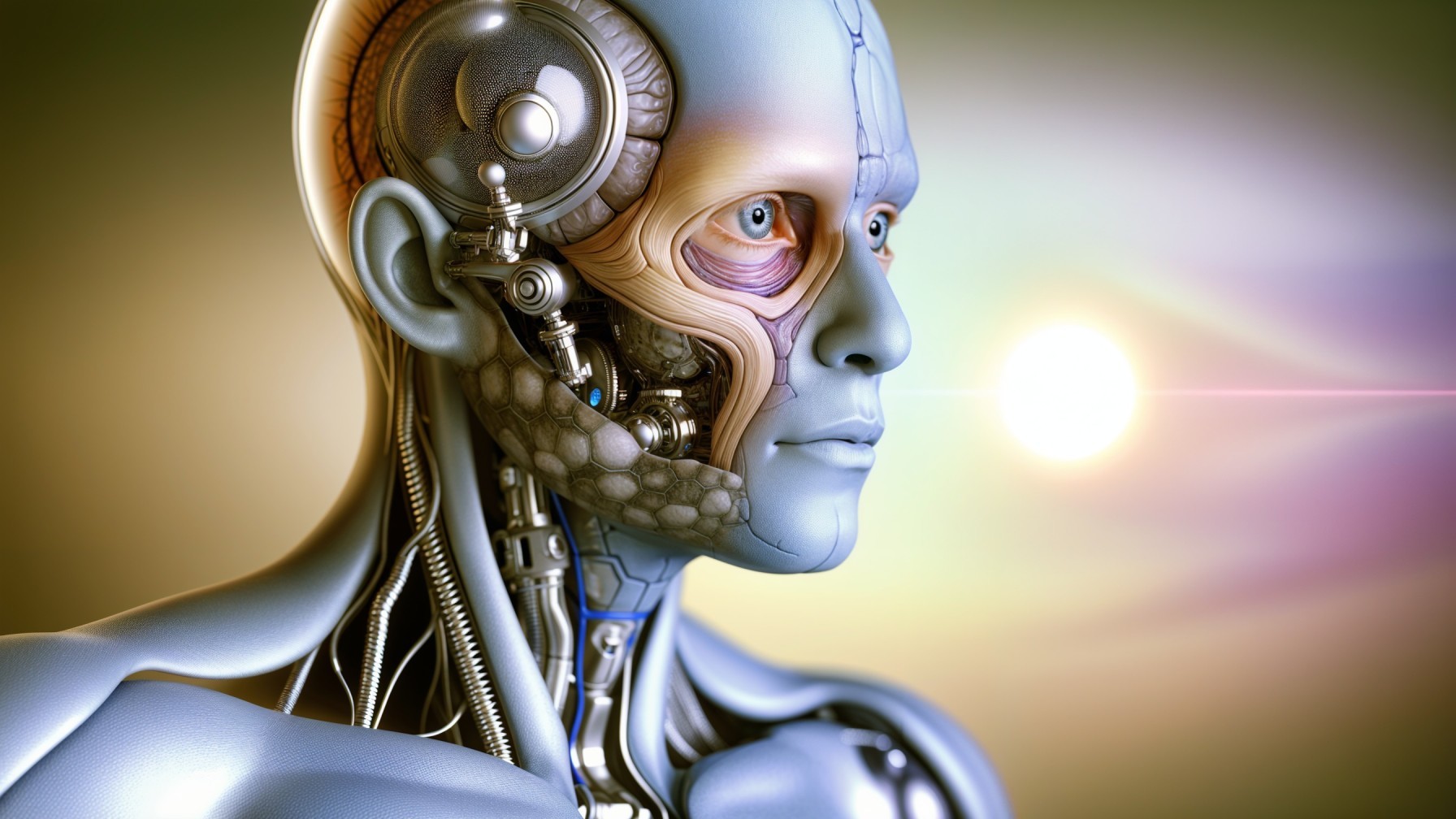 Stylized humanoid head with robotic and human features