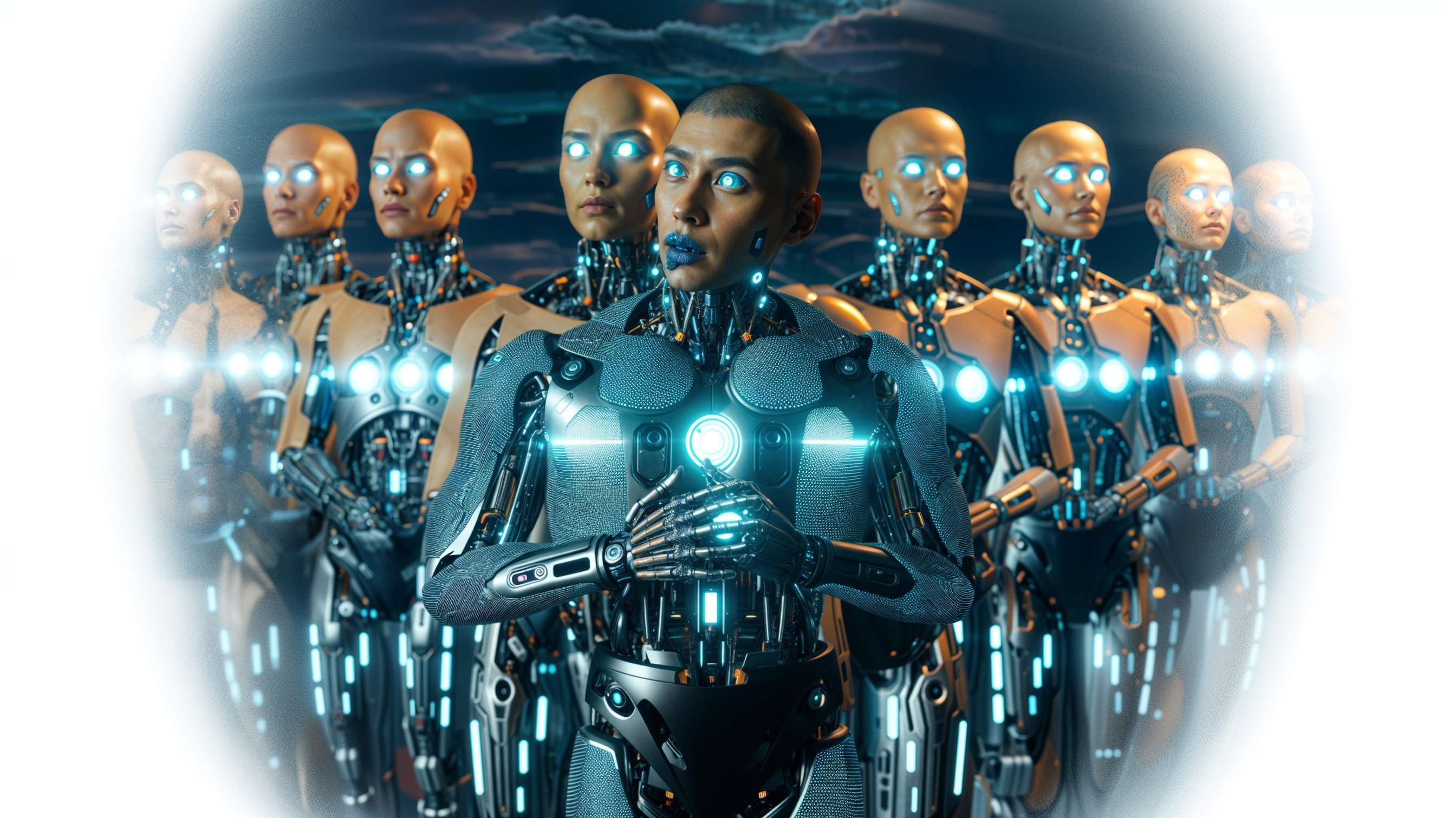 Futuristic humanoid robots in metallic formation