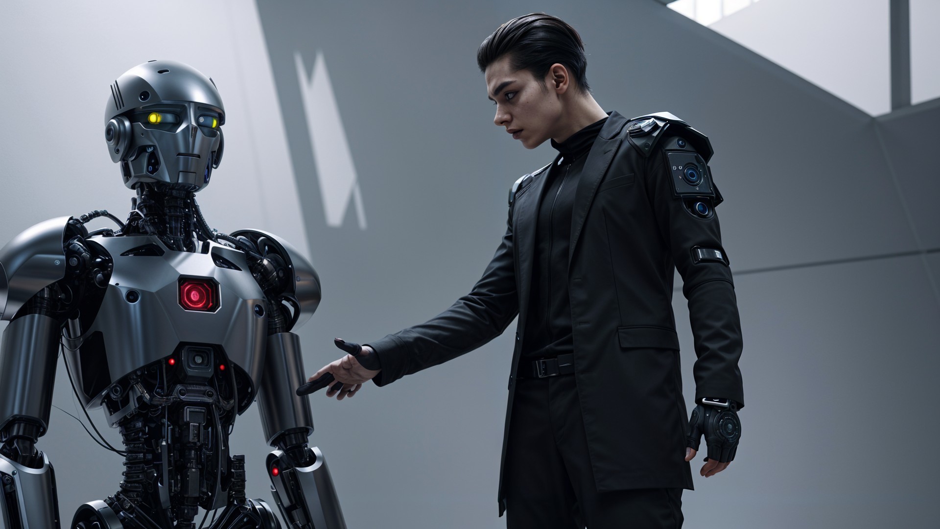 Humanoid Robot and Man in Futuristic Setting