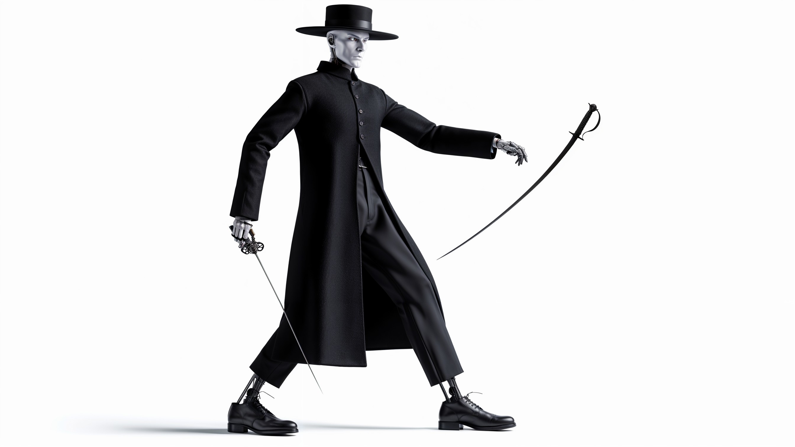 Humanoid Figure in Dark Coat with Sword and Pistol