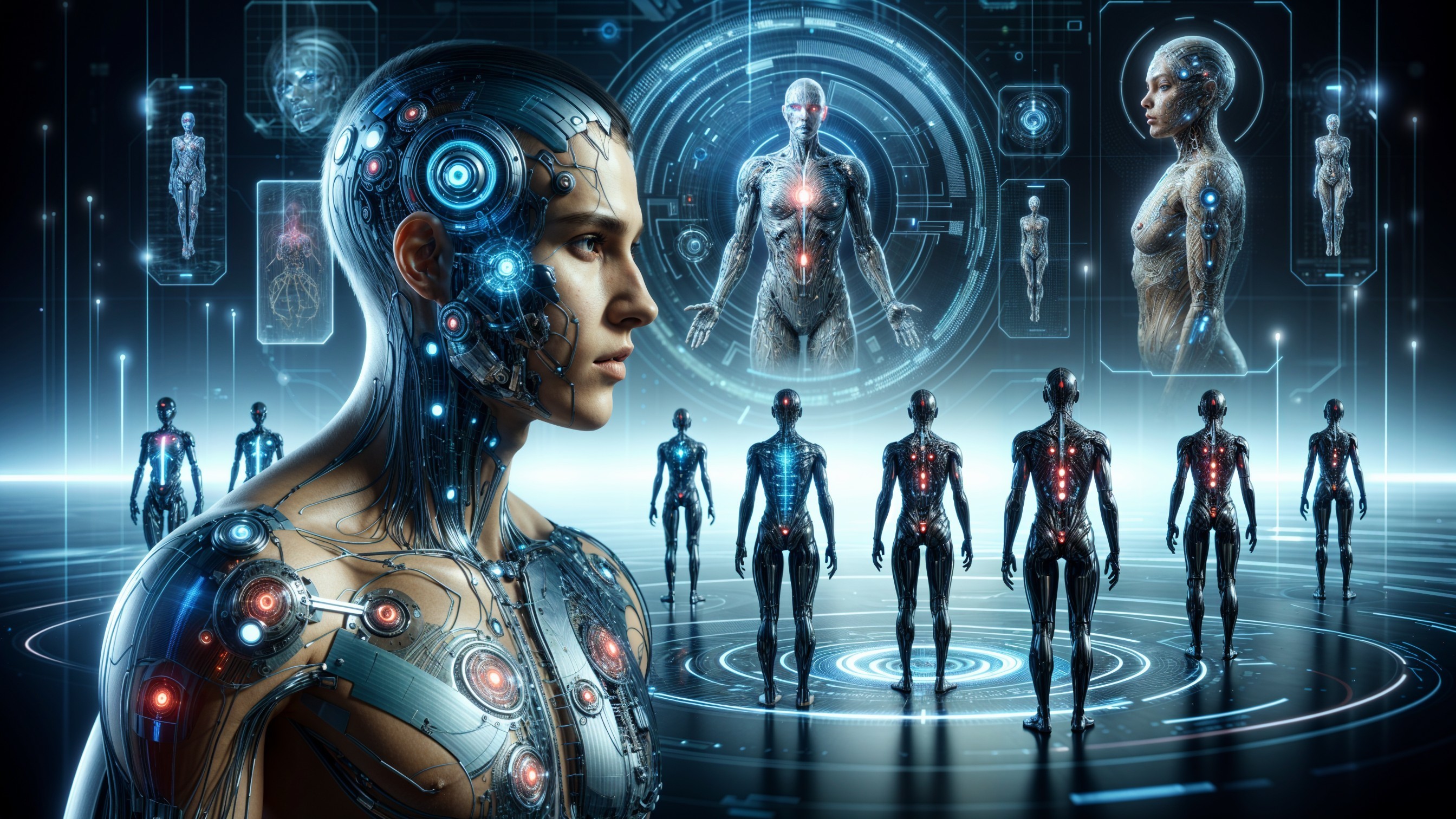 Futuristic Scene of Humanoid Robots with Circuitry