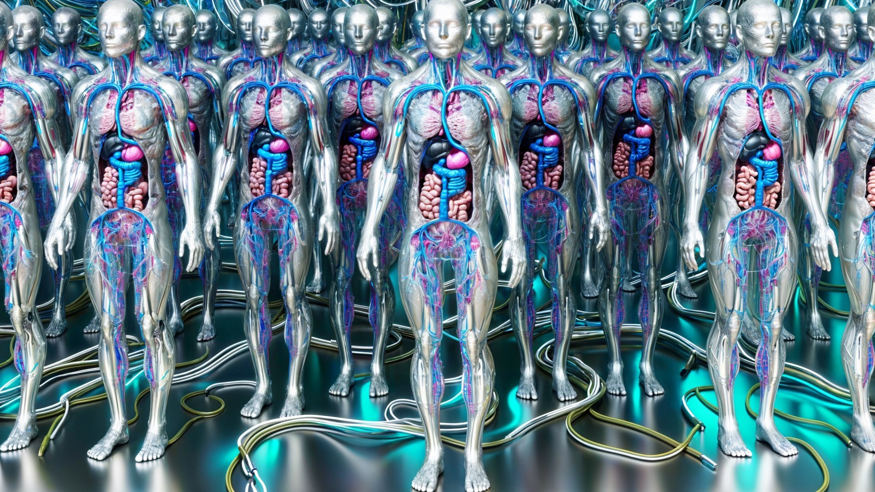 Metallic Human Figures in Futuristic Matrix Formation