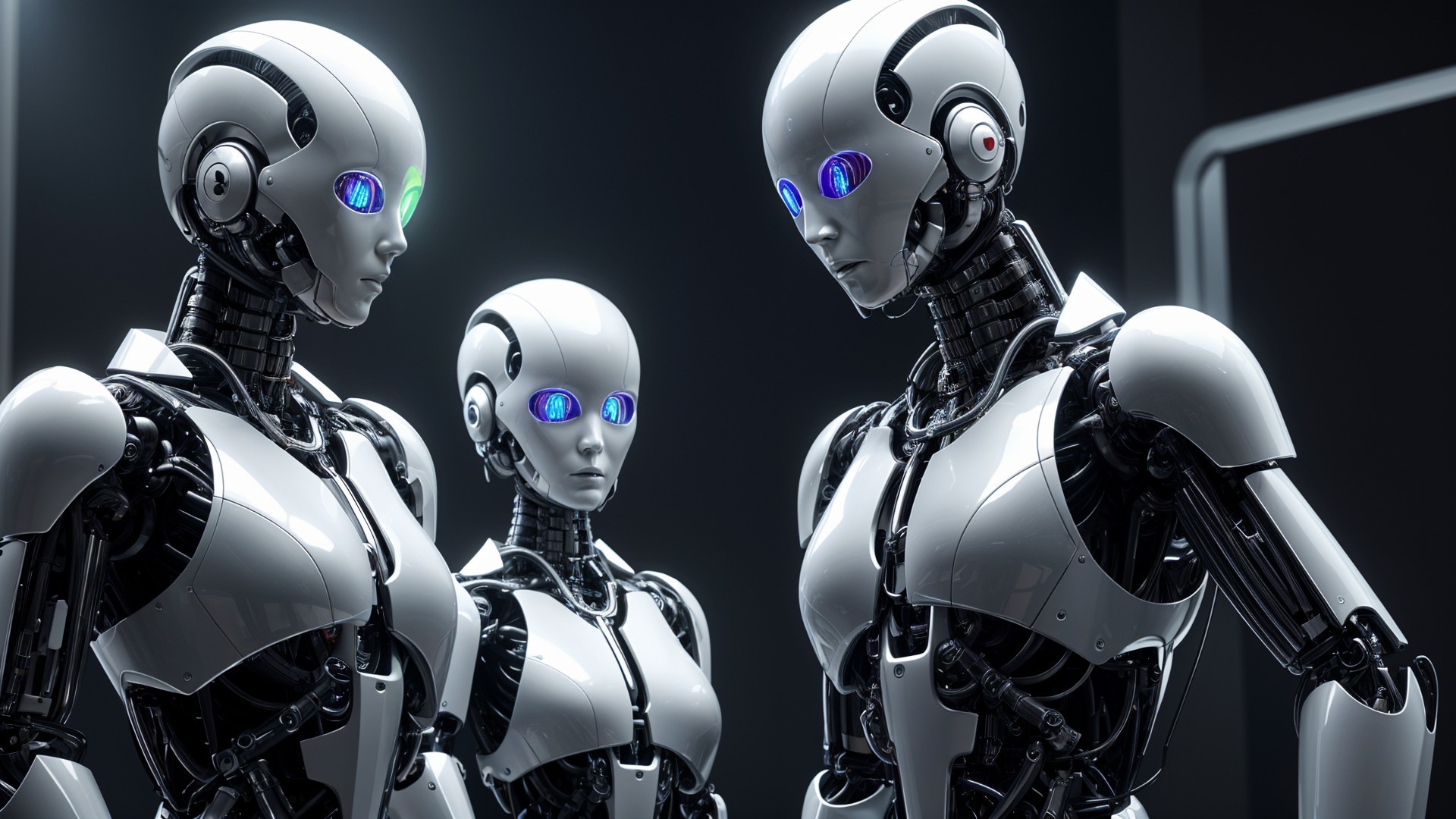 Three Humanoid Robots in Futuristic Setting