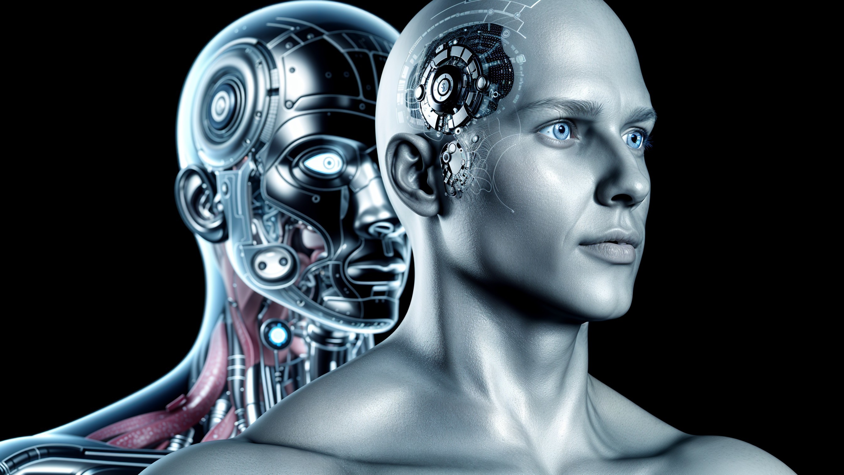 Futuristic Humanoid Figure with Robotic Model Display