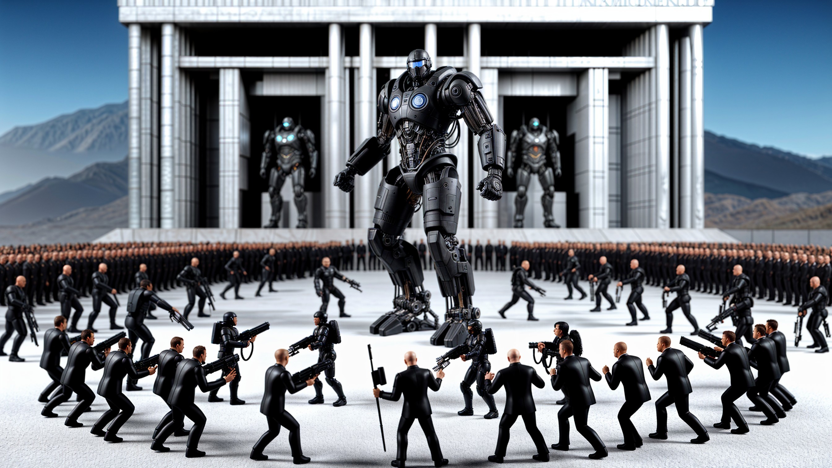 Colossal Robot Standoff in Futuristic Landscape