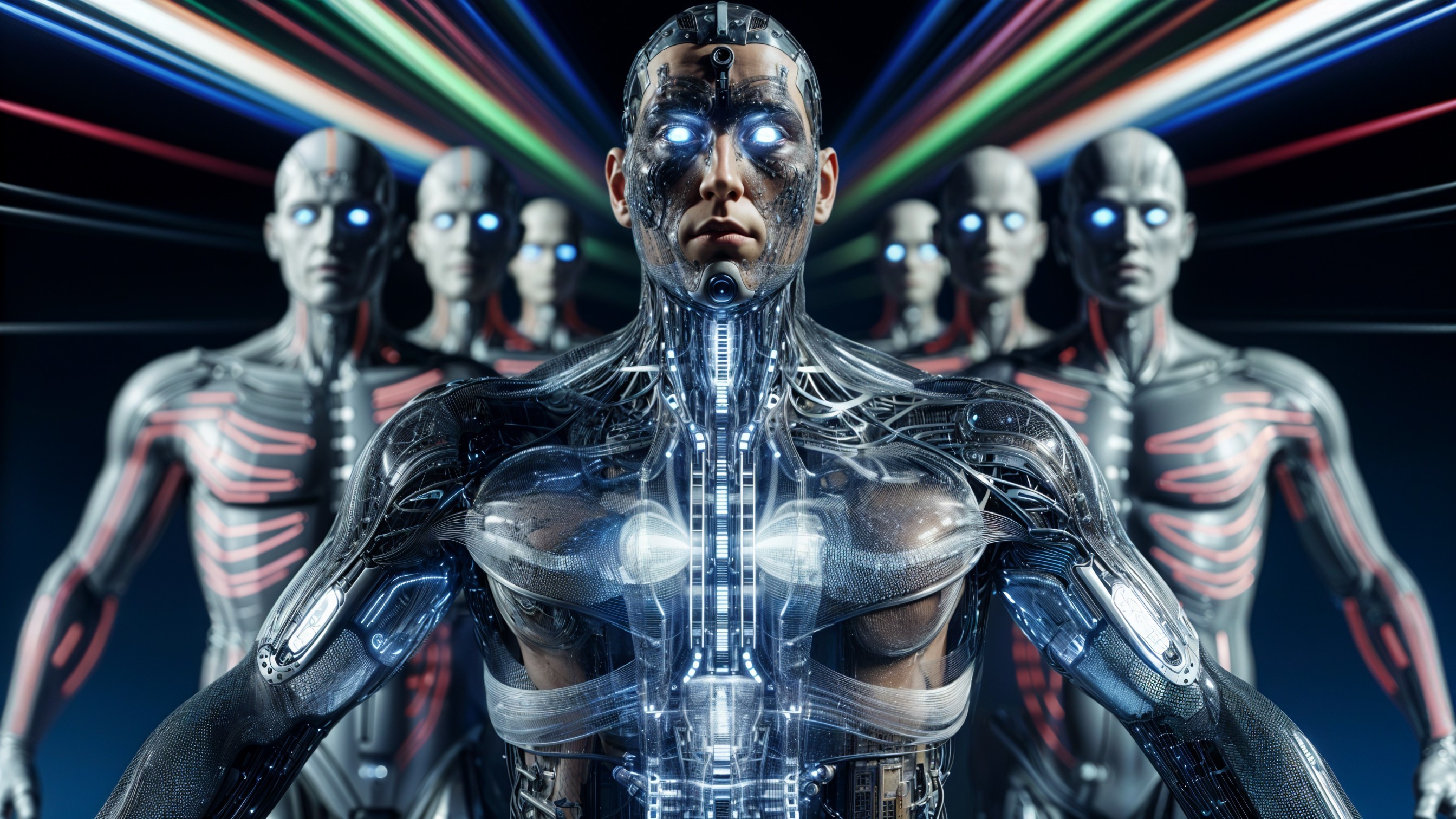 Futuristic Scene with Humanoid Robots and Light Beams