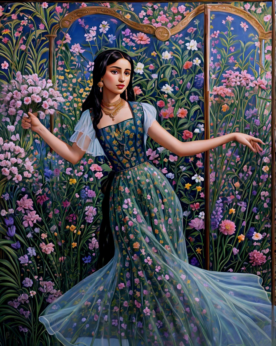 Young Woman in Ethereal Dress Surrounded by Flowers