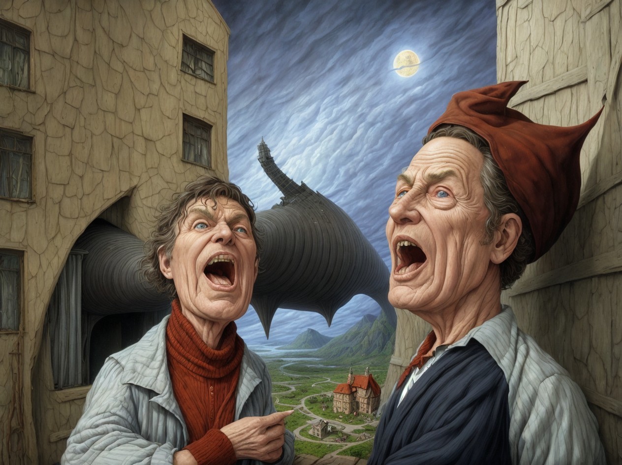 Surreal Landscape with Animated Characters in Conflict