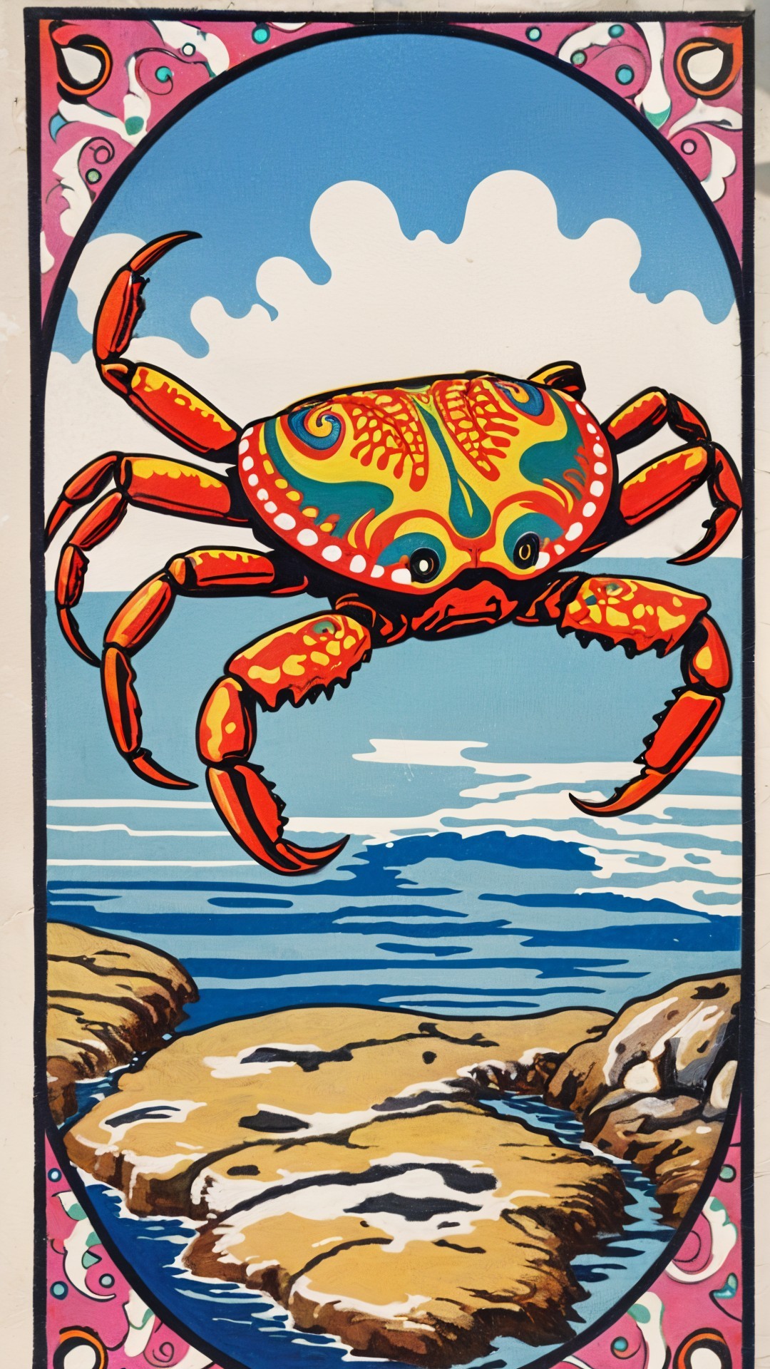 Colorful Crab Illustration Against Serene Seascape