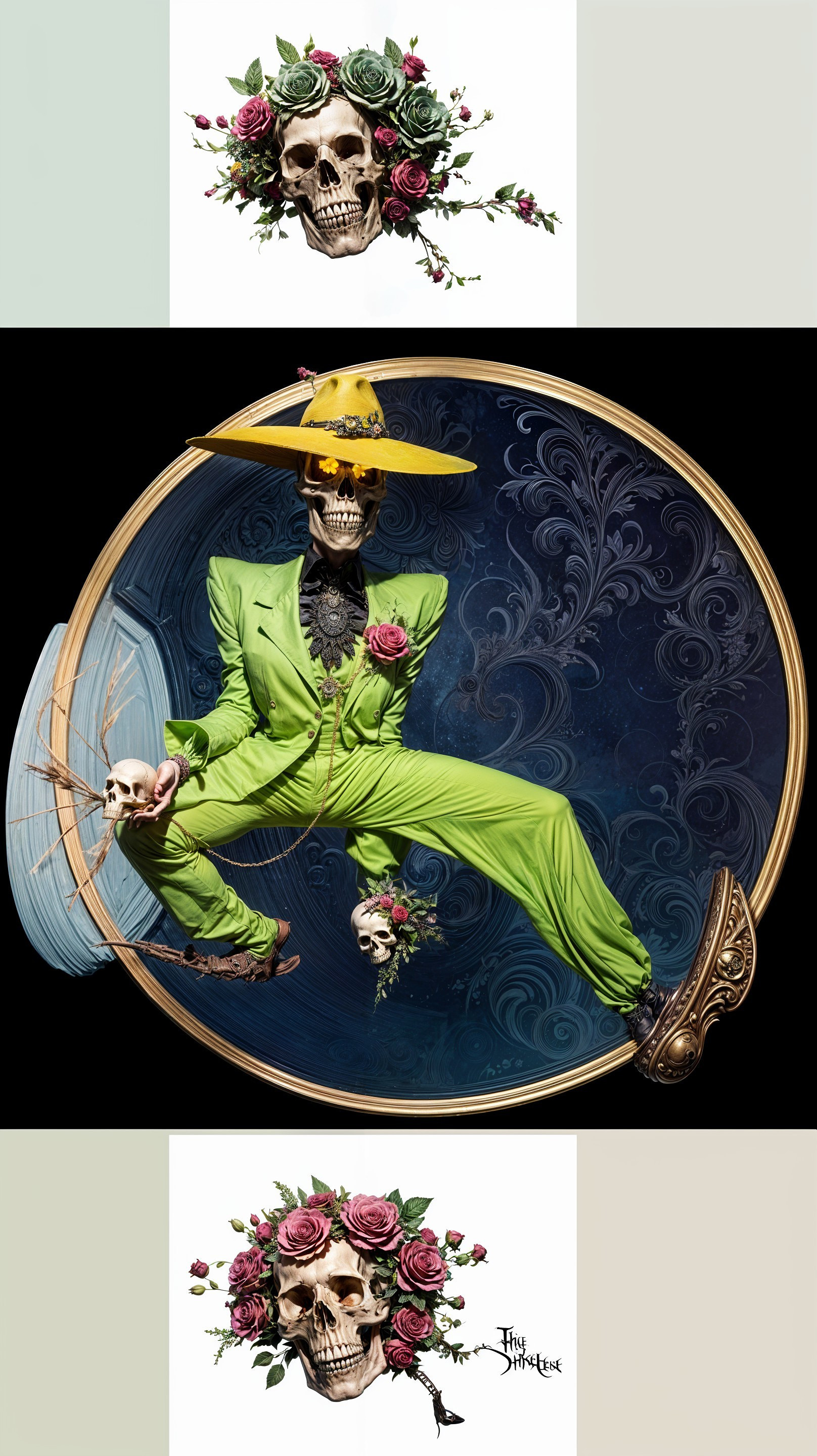 Vibrant Skeleton in Green Suit with Floral Details