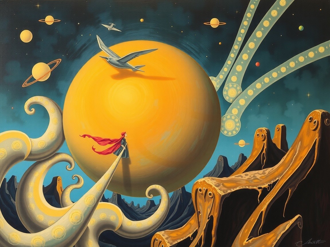 Surreal Landscape with Giant Sun and Fantastical Elements