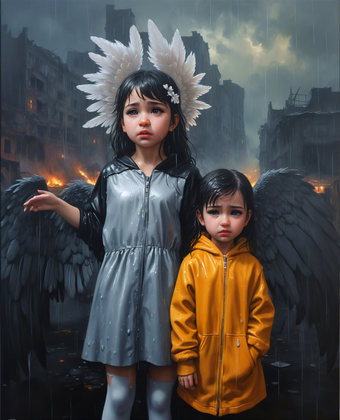Children in a Rain-Soaked Urban Landscape with Ruins