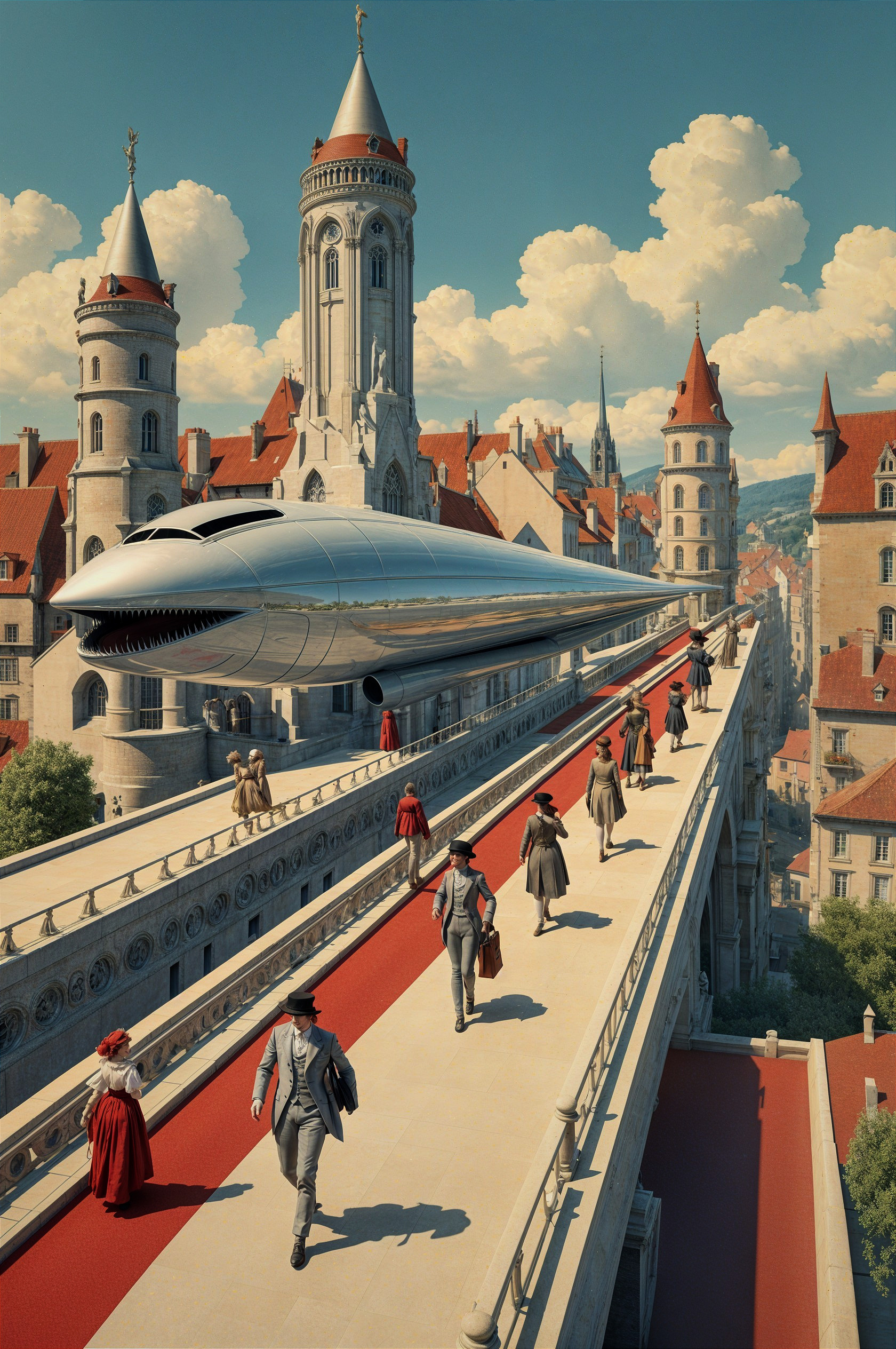 Futuristic Train in Elegant Cityscape with Historical Architecture